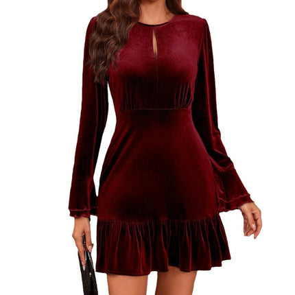 Women's Velvet Long Sleeve Crew Neck Casual Dress Bodycon Ruffled Party Club Mini Dresses