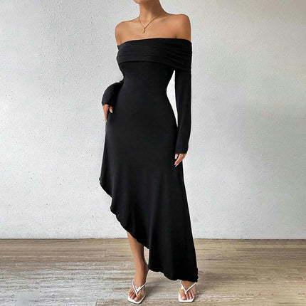 Women's Sexy Off The Shoulder Long Sleeve Split Ruffled Cocktail Party Bodycon Maxi Dress