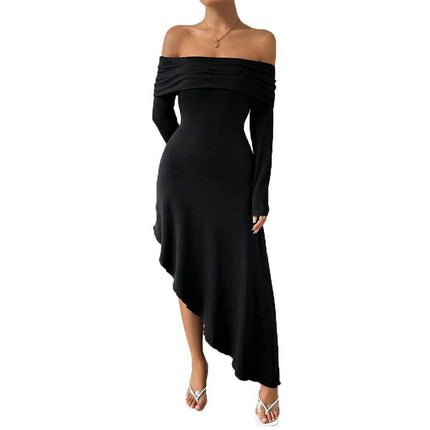 Women's Sexy Off The Shoulder Long Sleeve Split Ruffled Cocktail Party Bodycon Maxi Dress