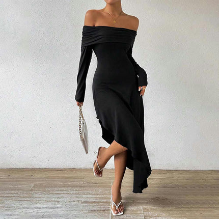 Women's Sexy Off The Shoulder Long Sleeve Split Ruffled Cocktail Party Bodycon Maxi Dress