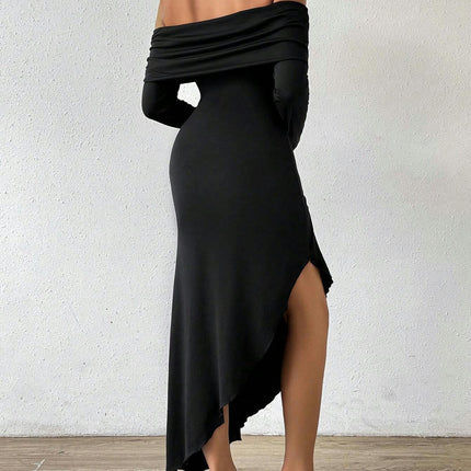 Women's Sexy Off The Shoulder Long Sleeve Split Ruffled Cocktail Party Bodycon Maxi Dress