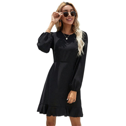 Women's Elegant Crew Neck Long Sleeve Mini Dress Backless Ruffled Fitted Dresses