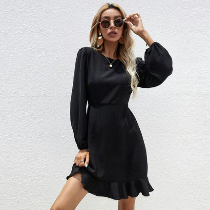 Women's Elegant Crew Neck Long Sleeve Mini Dress Backless Ruffled Fitted Dresses