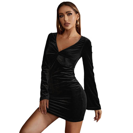 Women's Velvet Dress Twist Front V-Neck Flared Long Sleeves Bodycon Cocktail Mini Dresses