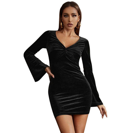 Women's Velvet Dress Twist Front V-Neck Flared Long Sleeves Bodycon Cocktail Mini Dresses