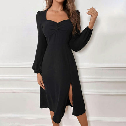 Womens Casual Long Sleeve Sweetheart Neck Dress Split A Line Flowy Midi Dresses