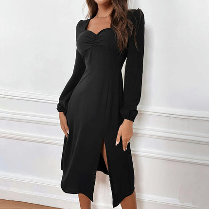 Womens Casual Long Sleeve Sweetheart Neck Dress Split A Line Flowy Midi Dresses