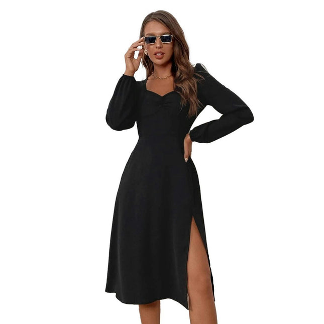 Womens Casual Long Sleeve Sweetheart Neck Dress Split A Line Flowy Midi Dresses