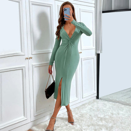 Women's Deep V Neck Long Sleeve Midi Dress Twist Front Bodycon Slit Knit Dresses