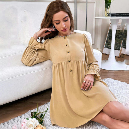 Womens Casual Dress Crewneck Button Up Long Sleeve High Waist A-Line Babydoll Mini Dress