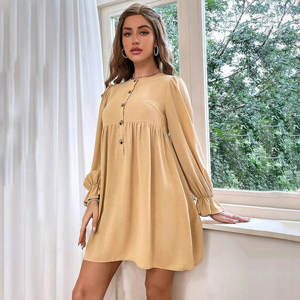 Womens Casual Dress Crewneck Button Up Long Sleeve High Waist A-Line Babydoll Mini Dress