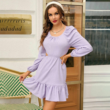 Women's Crewneck Backless Tie Mini Dress Long Sleeve Ruffle Slim Fit Short Dresses