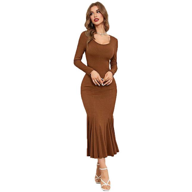 Women's Long Sleeve Maxi Dress Scoop Neck Bodycon Ruffled Mermaid Formal Cocktail Dresses