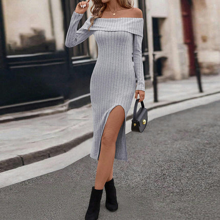 Womens Sexy Off Shoulder Midi Dress Long Sleeve Slit Bodycon Elegant Dresses