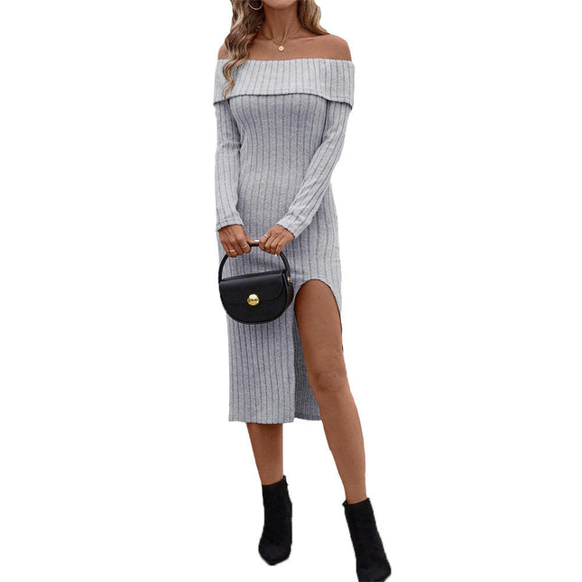 Womens Sexy Off Shoulder Midi Dress Long Sleeve Slit Bodycon Elegant Dresses