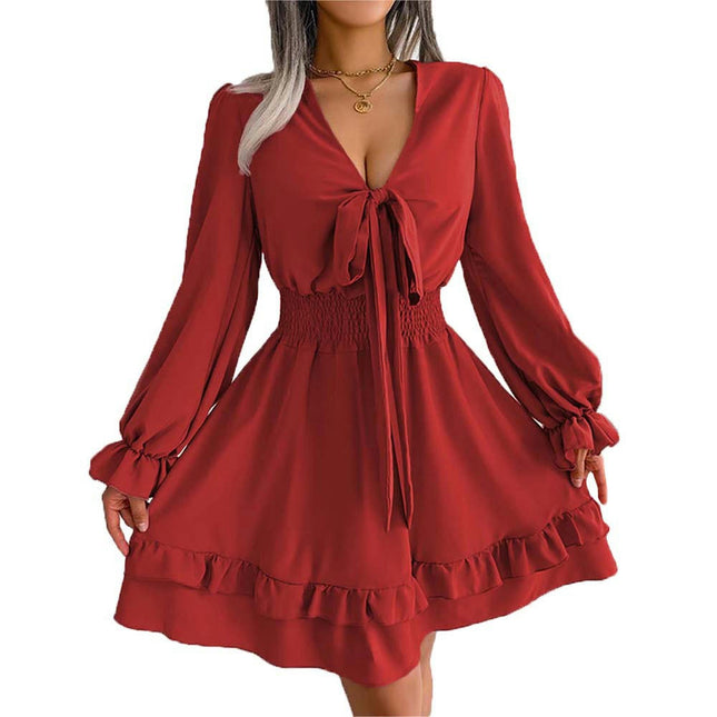 Womens Knot Front V Neck Long Sleeve Ruffles A-line Swing Mini Dress