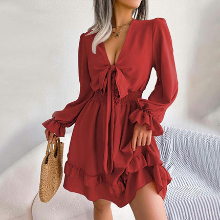 Womens Knot Front V Neck Long Sleeve Ruffles A-line Swing Mini Dress