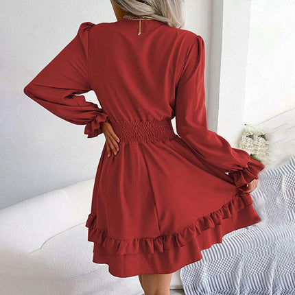 Womens Knot Front V Neck Long Sleeve Ruffles A-line Swing Mini Dress