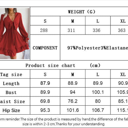 Womens Knot Front V Neck Long Sleeve Ruffles A-line Swing Mini Dress