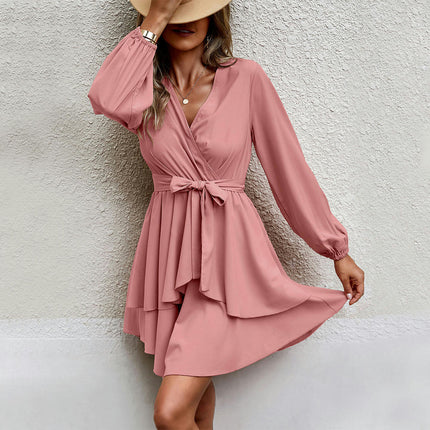 Women's Mini Dress V-Neck Long Sleeve Tie Waist Tiered Ruffle Swing Skater Dresses