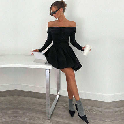 Women's Casual Long Sleeve Dress Off The Shoulder Ruffle Flowy A Line Party Mini Dresses