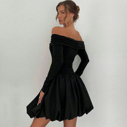 Women's Casual Long Sleeve Dress Off The Shoulder Ruffle Flowy A Line Party Mini Dresses