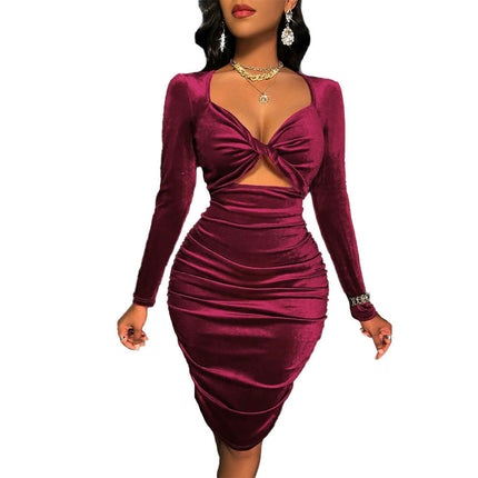 Women's Sexy Long Sleeve Twist V Neck Cut Out Ruched Bodycon Cocktail Club Mini Dress