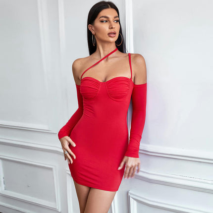 Women's Sexy Long Sleeve Off Shoulder Spaghetti Strap Bodycon Mini Dress