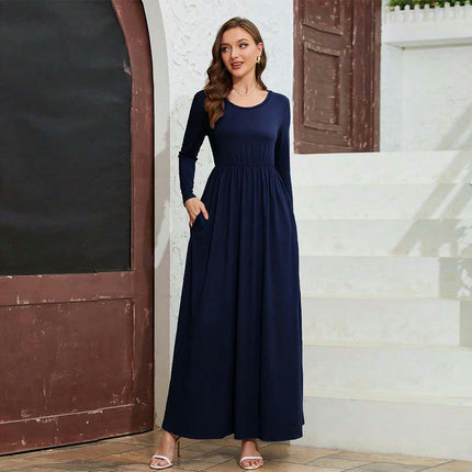 Women's Long Sleeve Loose Plain Maxi Dresses Casual Round Neck Dresses with Pockets