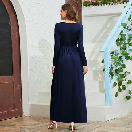 Women's Long Sleeve Loose Plain Maxi Dresses Casual Round Neck Dresses with Pockets