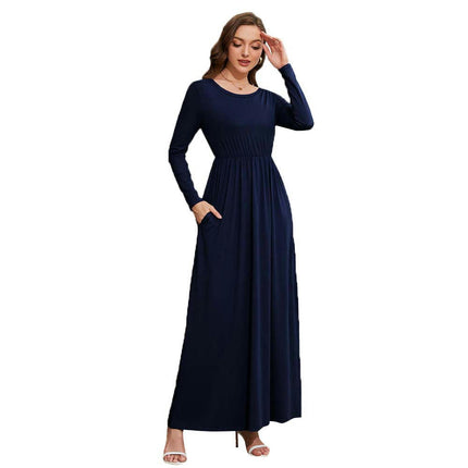 Women's Long Sleeve Loose Plain Maxi Dresses Casual Round Neck Dresses with Pockets