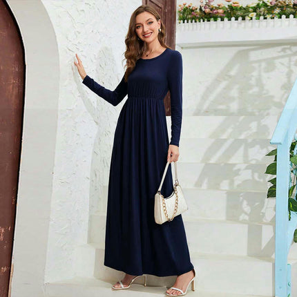 Women's Long Sleeve Loose Plain Maxi Dresses Casual Round Neck Dresses with Pockets