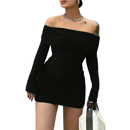 Women Sexy Long Sleeve Mini Dress Bodycon Off The Shoulder Ruched Party Dress