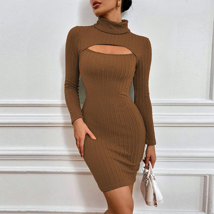 Women's Sexy Bodycon Long Sleeve Cut Out Turtle Neck Club Party Mini Dress