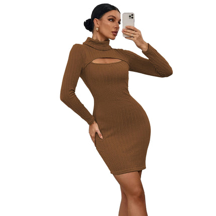 Women's Sexy Bodycon Long Sleeve Cut Out Turtle Neck Club Party Mini Dress