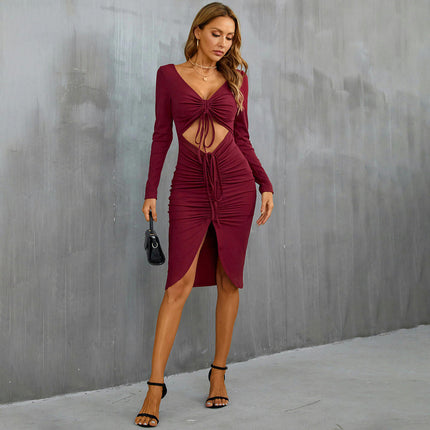 Women's Sexy V Neck Long Sleeve Cut Out Ruched Drawstring Bodycon Midi Dress