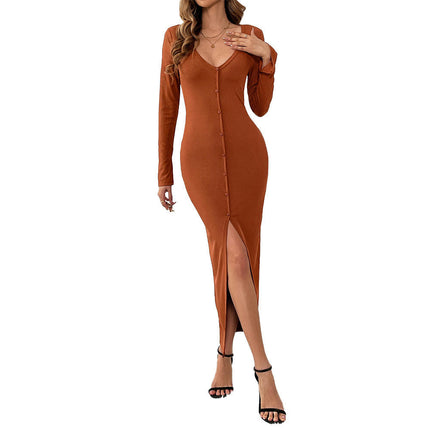 Women's Sexy Bodycon Maxi Dress Long Sleeve V Neck Button Down Split Dresses