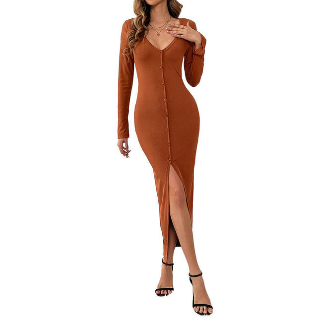 Women's Sexy Bodycon Maxi Dress Long Sleeve V Neck Button Down Split Dresses