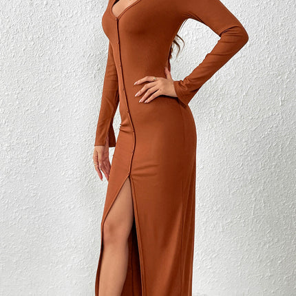 Women's Sexy Bodycon Maxi Dress Long Sleeve V Neck Button Down Split Dresses