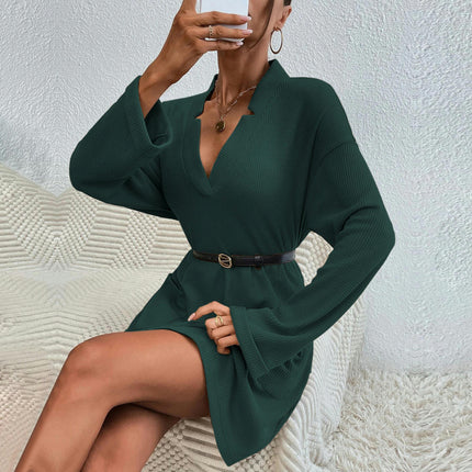 Women Fall Long Sleeve Mini Dress V Neck Casual Loose Dress with Pockets