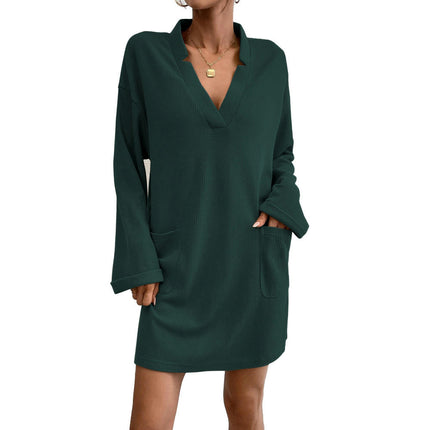 Women Fall Long Sleeve Mini Dress V Neck Casual Loose Dress with Pockets