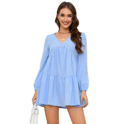 Cute Loose Dress for Women Ruffle Swing Babydoll V NeckLong Sleeve Mini Dress