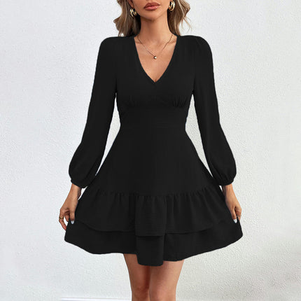 Women Casual Fall Dresses V Neck Long Sleeve Backless Tie Ruffle A Line Swing Mini Dress