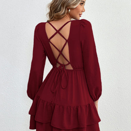 Women Casual Fall Dresses V Neck Long Sleeve Backless Tie Ruffle A Line Swing Mini Dress