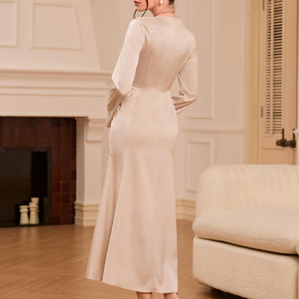 Women's Satin Long Sleeve V-Neck Maxi Dress Formal Cocktail Wedding Guest Dresses