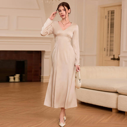 Women's Satin Long Sleeve V-Neck Maxi Dress Formal Cocktail Wedding Guest Dresses