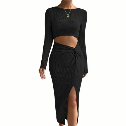 Womens Knit Dress Crew Neck Long Sleeve Sexy Bodycon Ruched Cutout Midi Dresses