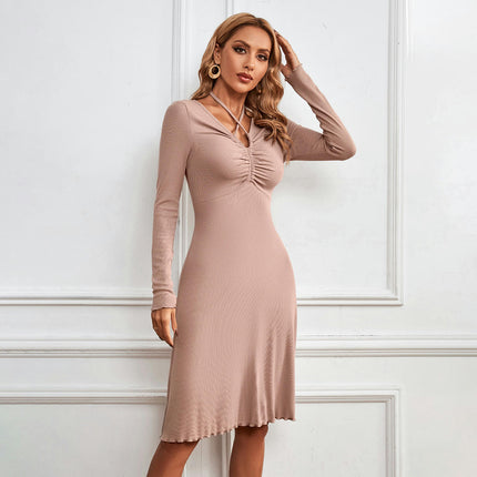 Women Sexy V-Neck Tie Bodycon Short Dress Long Sleeve A Line Flowy Midi Dresses