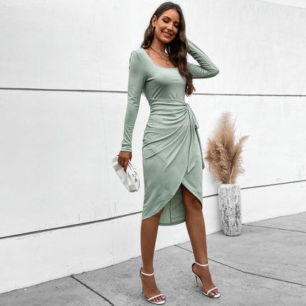 Women's Long Sleeve Wrap Midi Dresses Square Neck Tie Waist Bodycon Party Dress