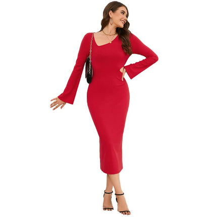 Women's Elegant Bodycon Midi Dress V Neck Long Sleeve Cut Out Cocktail Party Dresses